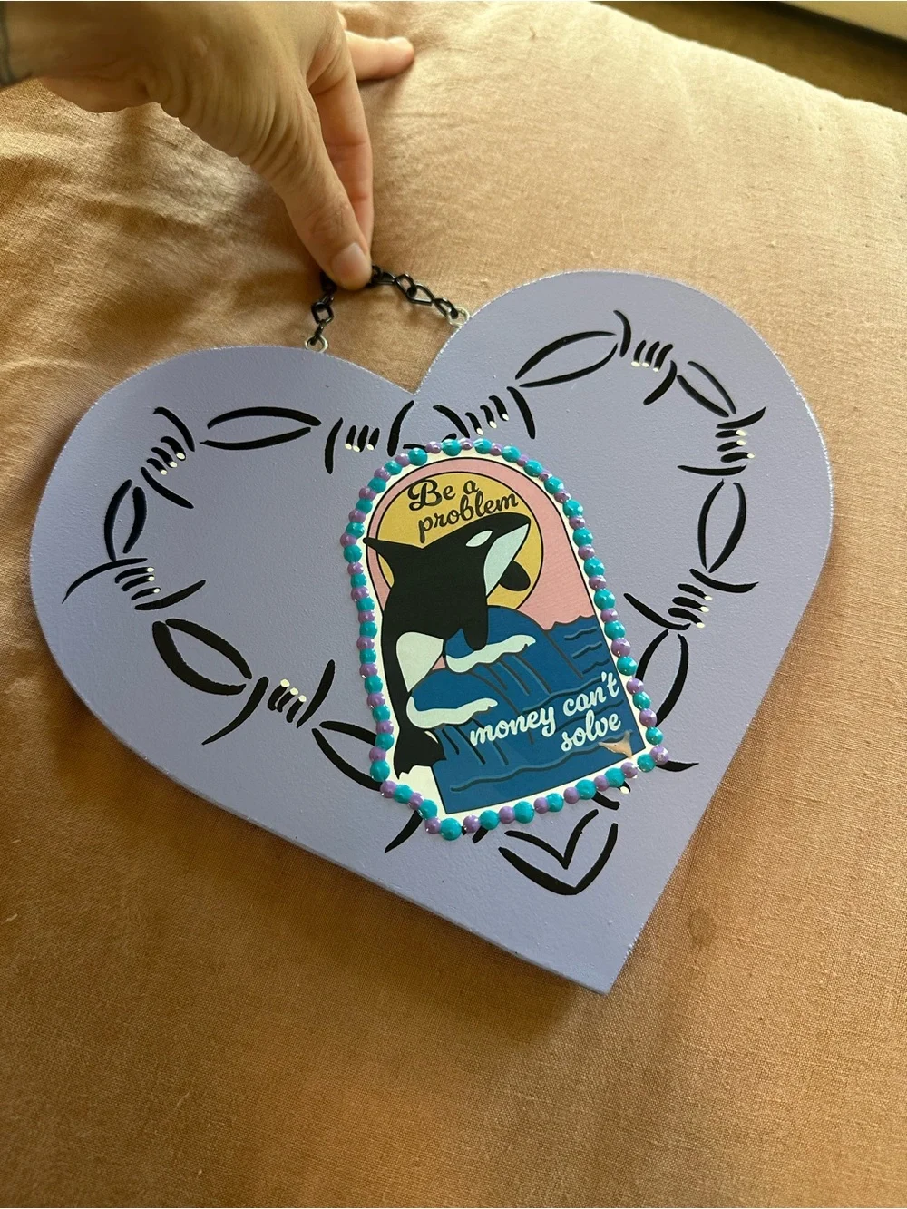 Lavender Heart Wall Plaque with Whale Graphic and painted Barb wire